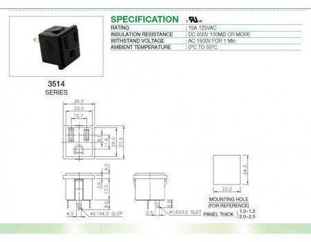 Chily 3514 series NEMA-5 Chassis Panel Mount AC Outlet 15A UL (Taiwan) Chily 3514 series NEMA-5 Chassis Panel Mount AC Outlet 15A UL (Taiwan)
