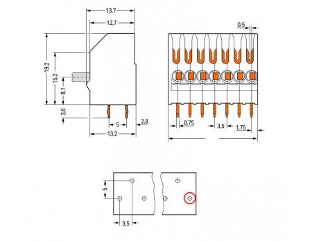 WAGO 251-107 Combi PCB Terminal Block + IDC Contact 2 Poles 2 Pins 2A