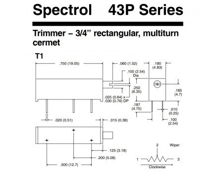 Spectrol 2K Precision Trimmer - 3/4” rectangular, multiturn 18T 43P202 Spectrol 2K Precision Trimmer - 3/4” rectangular, multiturn 18T 43P202