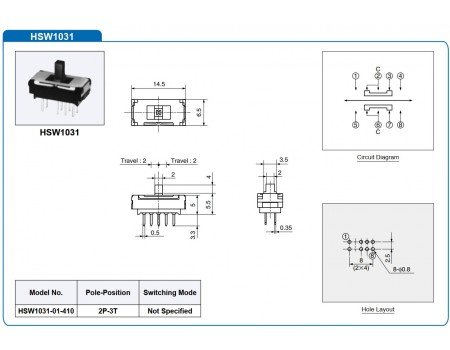 Hosiden 2P3T Miniature Slide Switch 3-position HSW1031-01-410 Hosiden 2P3T Miniature Slide Switch 3-position HSW1031-01-410