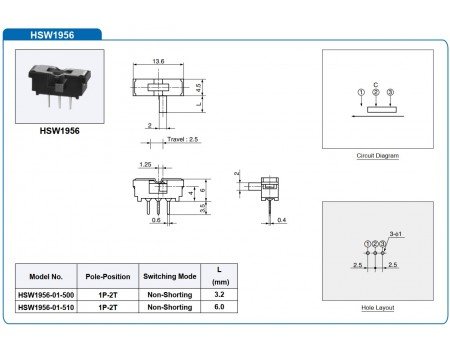 Hosiden 1P2T Miniature Slide Switch SPST HSW1956-01-500 Hosiden 1P2T Miniature Slide Switch SPST HSW1956-01-500