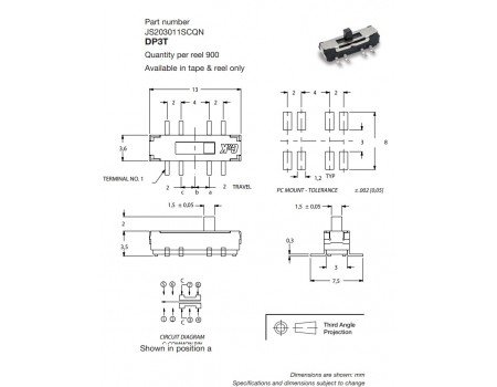 C&K DP3T Slide Switch JS203011SCQN C&K DP3T Slide Switch JS203011SCQN